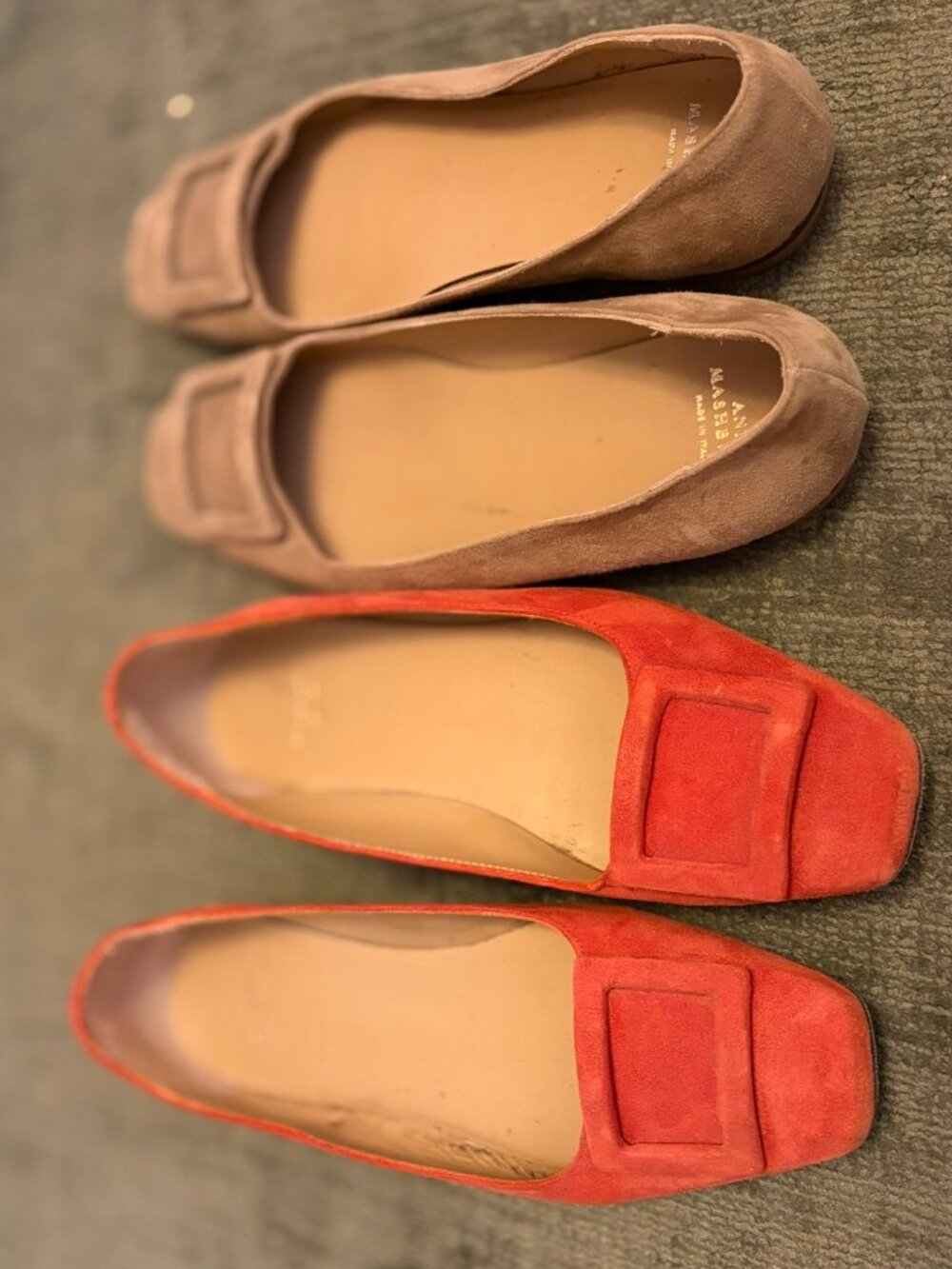 2 Pairs Ann Mashburn Suede Square Toe Flats Size 38 Taupe & Orange